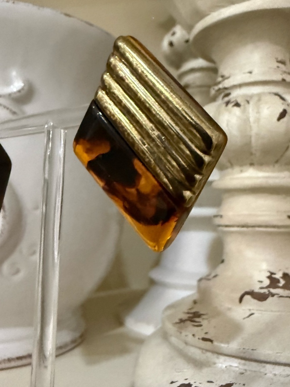 Vintage Plastic Tortoise Shell Diamond Shape Earrings with Gold Accents - Picture 7 of 9